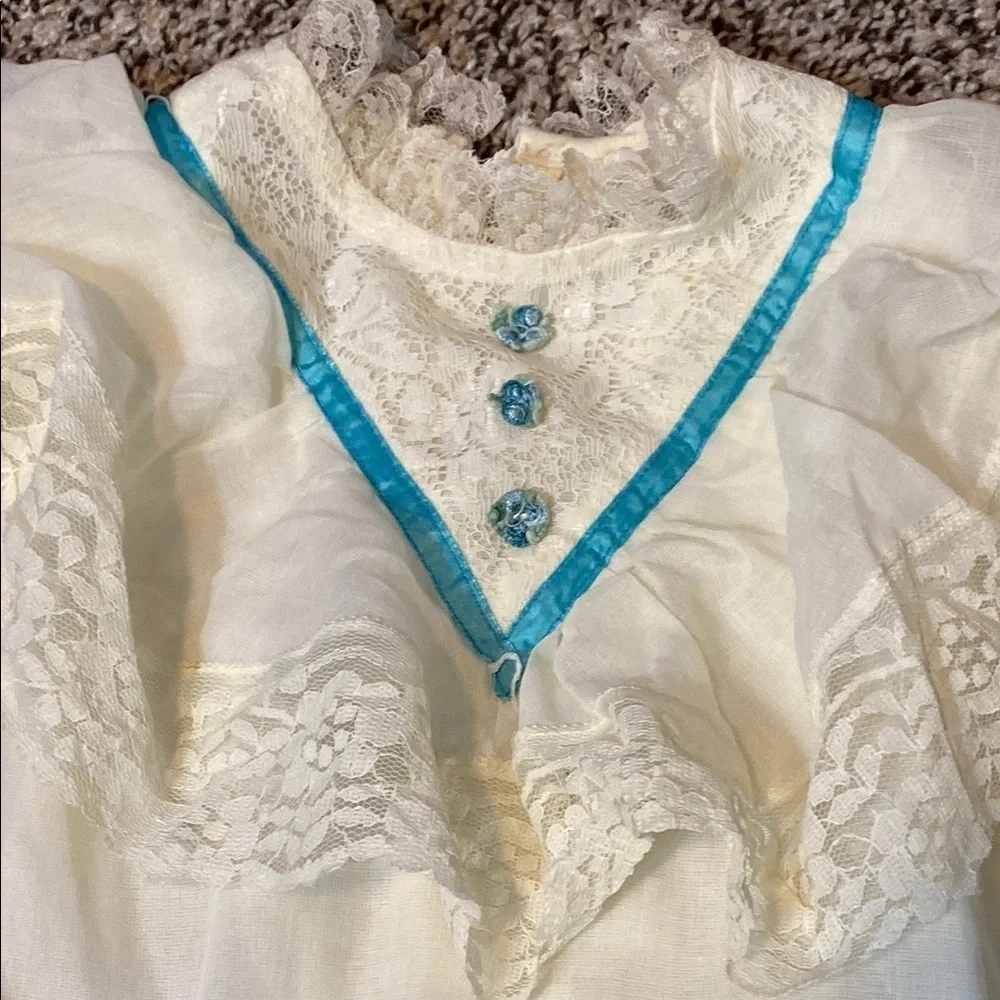 Vintage White and Blue Ruffled Tiered Bridal Gown